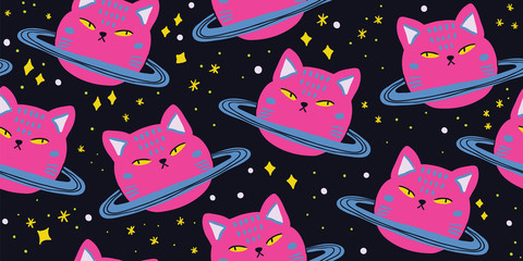 Cute space cat drawing seamless pattern