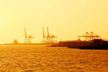 Silhouette of container and gantry crane at Osaka port are loading on evening with sunset glow background.