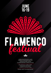 Vertical flamenco template with dark background, red fan and text.  - obrazy, fototapety, plakaty