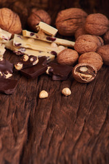 Nuts and milk and dark chocolate pieces on wooden background