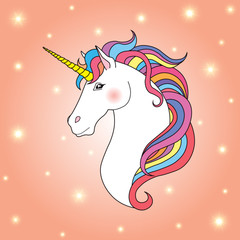 Unicorn on background with stars and lights, vector illustration.