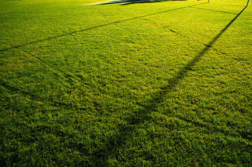 Beautiful green rugby field with shadow of goalposts in the fresh early morning at Arrowtown. Rugby...