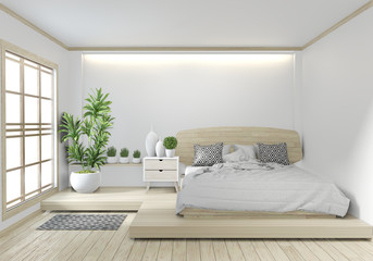 Fototapeta na wymiar Bed room wooden Hotel japanese zen design with hiden light on white wall background.3D rendering