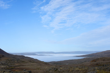 Magic foggy morning and beautiful view of lava fields, Iceland, Europe.