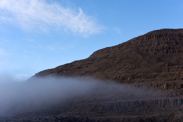 Magic foggy morning and beautiful view of lava fields, Iceland, Europe.