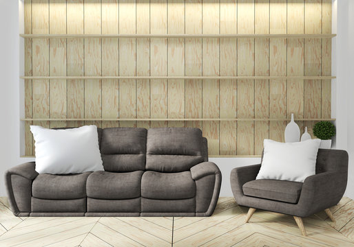 Sofa and armchair in japanese living room with empty wall. 3D rendering
