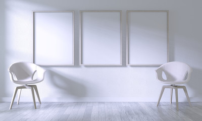 Fototapeta na wymiar Mock up poster frame with white chair on room white wall on white wooden floor.3D rendering