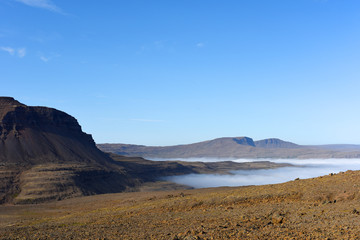 Magic foggy morning and beautiful view of lava fields, Iceland, Europe.