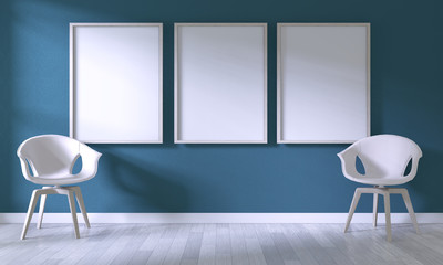 Mock up poster frame with white chair on room dark blue wall on white wooden floor.3D rendering
