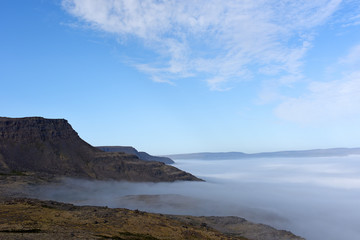 Fototapeta na wymiar Magic foggy morning and beautiful view of lava fields, Iceland, Europe.