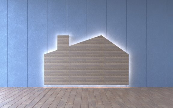 Wooden house inside the interior in the style of minimalism - illuminated panel. Warm light, 3D rendering, 3D image, Mock Up