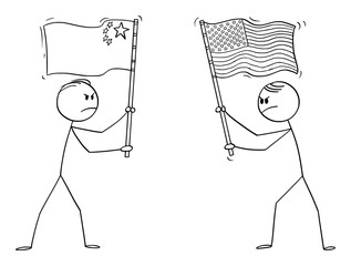Vector cartoon stick figure drawing conceptual illustration of two angry men, politicians or businessmen holding flags of USA or United States and China. Concept of trade war and conflict.