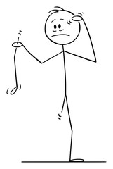 Vector cartoon stick figure drawing conceptual illustration of man or businessman holding his leg and thinking about the accident.