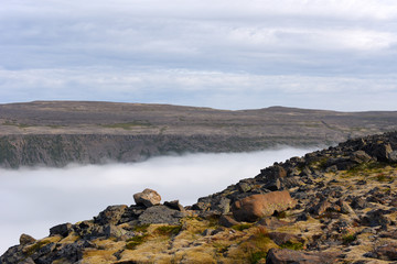 Magic foggy morning and beautiful view of lava fields, West coast of Iceland, Europe.