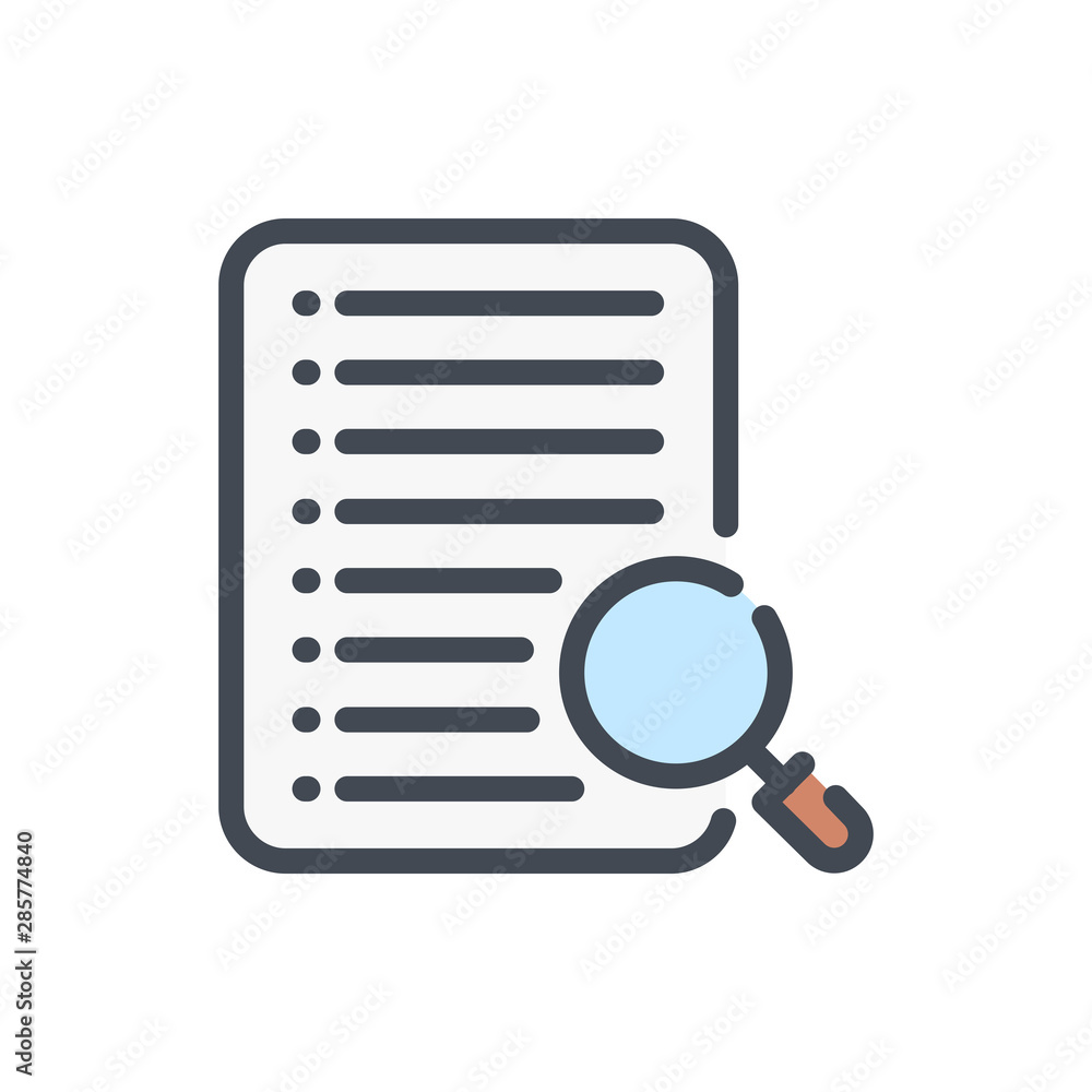 Poster reports and docs search color line icon. file and document with magnifier vector outline colorful si