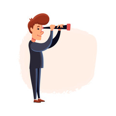 Vector man looking into the distance in a telescope. The concept of analyzing the stock market.