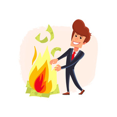 Businessman warms his hands from bonfire out of the mone.