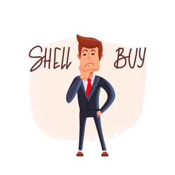 Doubtful stock exchange market trader holding a hand on chin analyzing index, to buy or sell shares or equity. Financial market businessman. Vector.