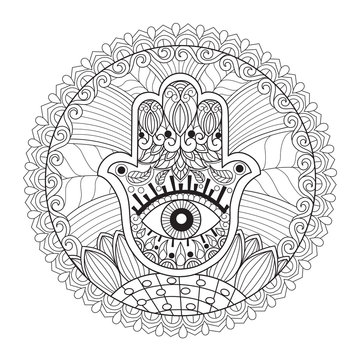 Hand drawn sketch illustration of Indian hand Hamsa or hand of Fatima for adult coloring book.