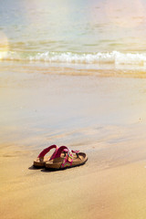 Fototapeta na wymiar pair of sandals for women on the sunny beach