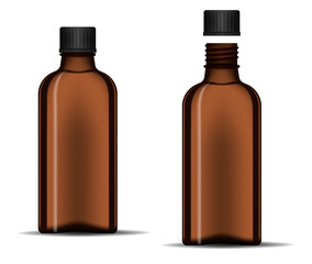 Clear dark glass bottle with screw cap - open and closed, realistic vector mock-up