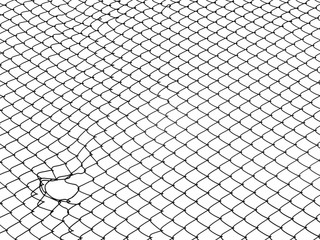 hole in the wire mesh of fence silhouette style