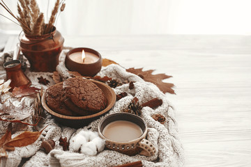 Hygge lifestyle, cozy autumn mood. Coffee cup, chocolate cookies, candle and fall leaves, cotton, cinnamon, anise, acorns, nuts on white knitted sweater. Autumn inspiration