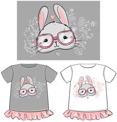 Print for t-shirts for girls children. Hand Drawn Cute Bunny. Vector illustration