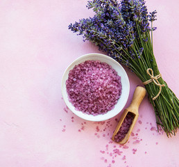 Plakat flat lay composition with lavender flowers and natural sea salt