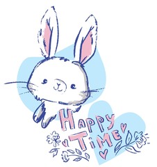 Hand Drawn Cute Bunny, print design rabbit, children print on t-shirt.