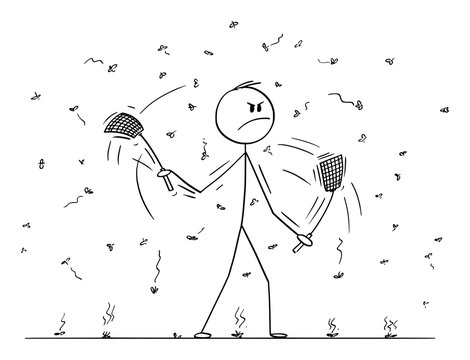 Vector cartoon stick figure drawing conceptual illustration of man or businessman with swatters, flappers or fly-flaps in both hands killing flies, mosquitoes or just insect flying around.