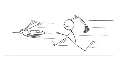 Vector cartoon stick figure drawing conceptual illustration of man or businessman chasing big mosquito with swatter, flapper or fly-flap.
