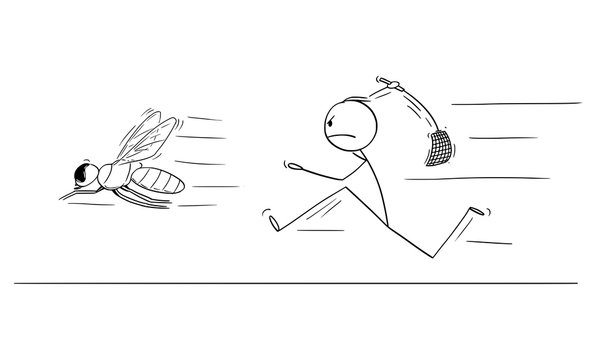 Vector cartoon stick figure drawing conceptual illustration of man or businessman chasing big fly with swatter, flapper or fly-flap.