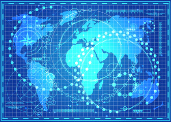 World map on a luminous interface. Futuristic HUD infographics. Vector illustration.