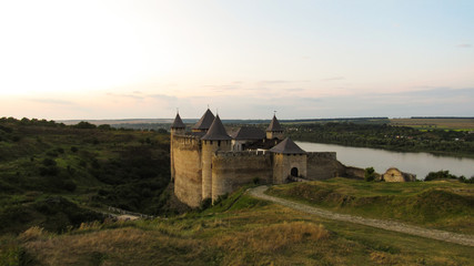 Fototapeta na wymiar General view of the Khotyn fortress - fortification complex located on the right bank of the Dniester River in Khotyn, Chernivtsi Oblast (province) of western Ukraine. 06.08.2019