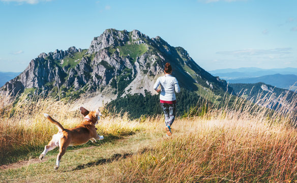 Female running by the mounting range path with her beagle dog back view. Canicross running healthy lifestyle concept image.