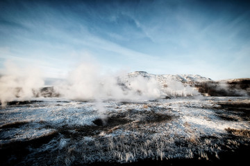 At the Geyser Strokkur in Haukadalur, Golden Circle, Iceland, Europe