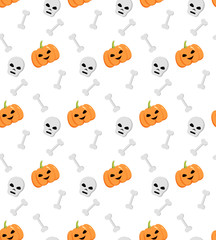 Halloween seamless pattern. Icons of pumpkin, skull, bones. Flat cartoon illustration. Objects isolated on a white background. Template for card, wrapping, fabric, print.