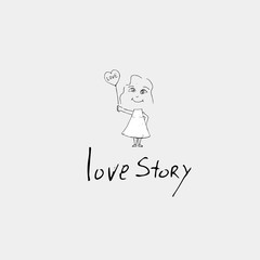 Love story, handwritten inscription and drawing of a girl with a heart-shaped balloon