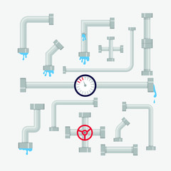 Vector set of details ware pipes system in flat style. Broken pipe with leaking water. Collection of water tube, leakage, plastic pipeline, leaking valve, dripping drain. Industrial technology.