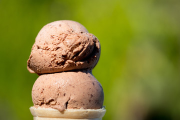 Two scoop of chocolate ice cream in a cone
