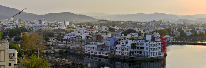 Panoramic view of Udaipur at sunset, Rajasthan, India