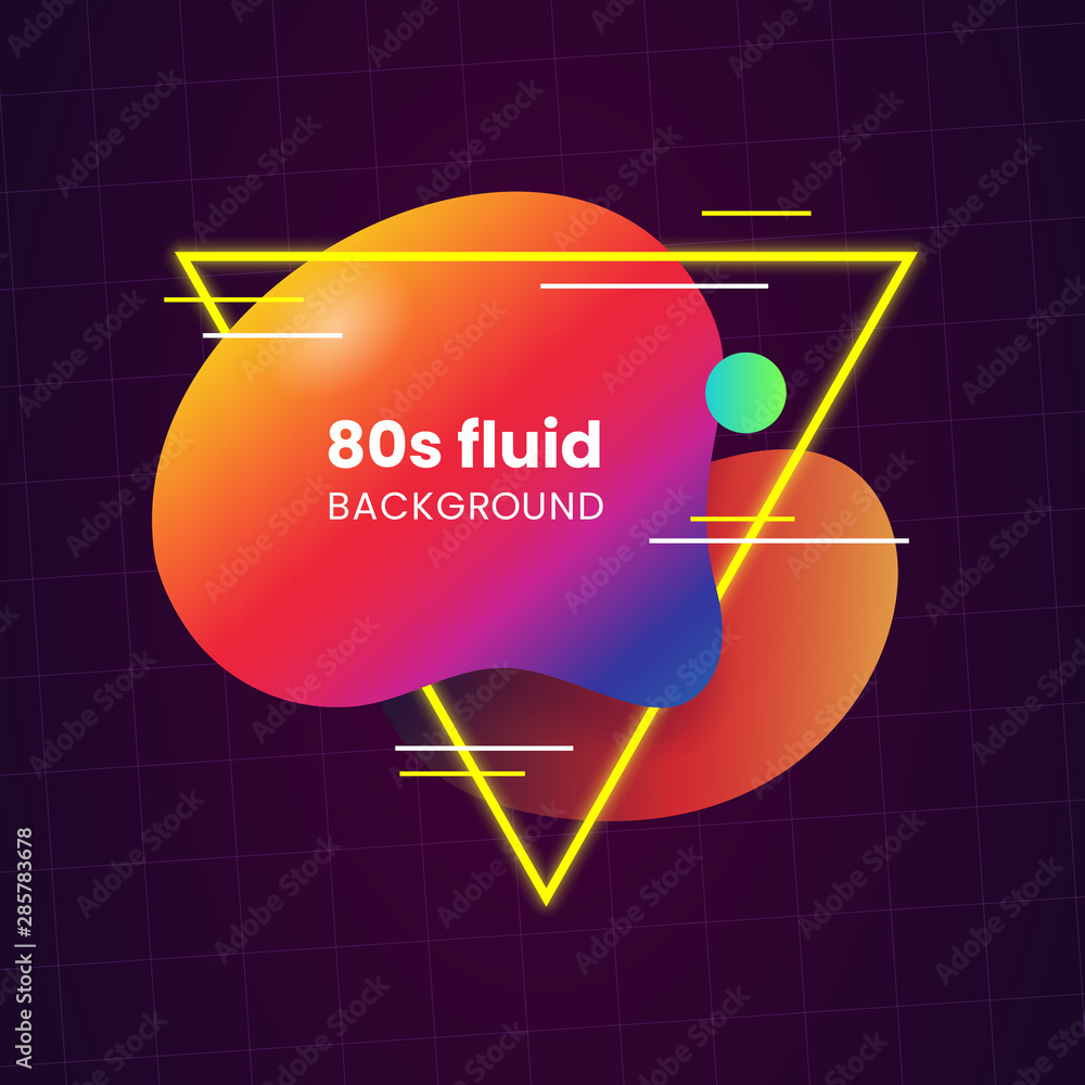 Poster liquid 80s style abstract geometric badge background with glowing triangle frame line element. retro