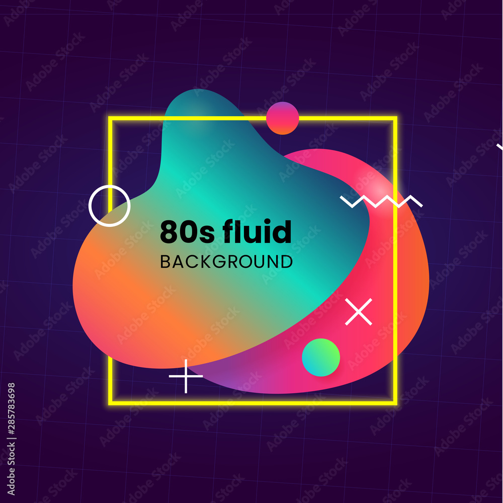 Poster liquid 80s style abstract geometric badge background with glowing square frame memphis element. retr