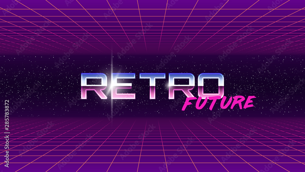 Poster 80s style background. dark futuristic backdrop with two horizontal perspective grids. chrome word re