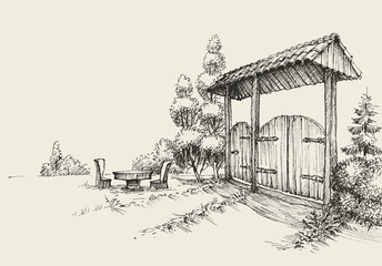Rustsic wooden gate, farm entrance hand drawing