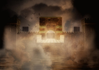 Fototapeta na wymiar Medieval fortress in the fog