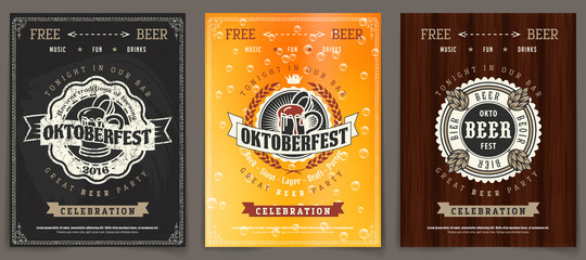 Vector Oktoberfest beer festival celebration template set of retro poster or invitation flyer on vintage background