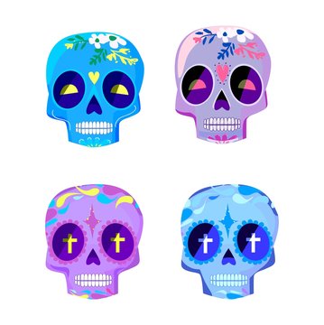 Decorative Colorful Skulls set day of the dead vector illustration. Mexican Dia de los Muertos.