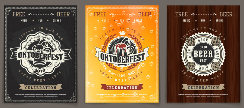 Vector Oktoberfest beer festival celebration template set of retro poster or invitation flyer on vintage background
